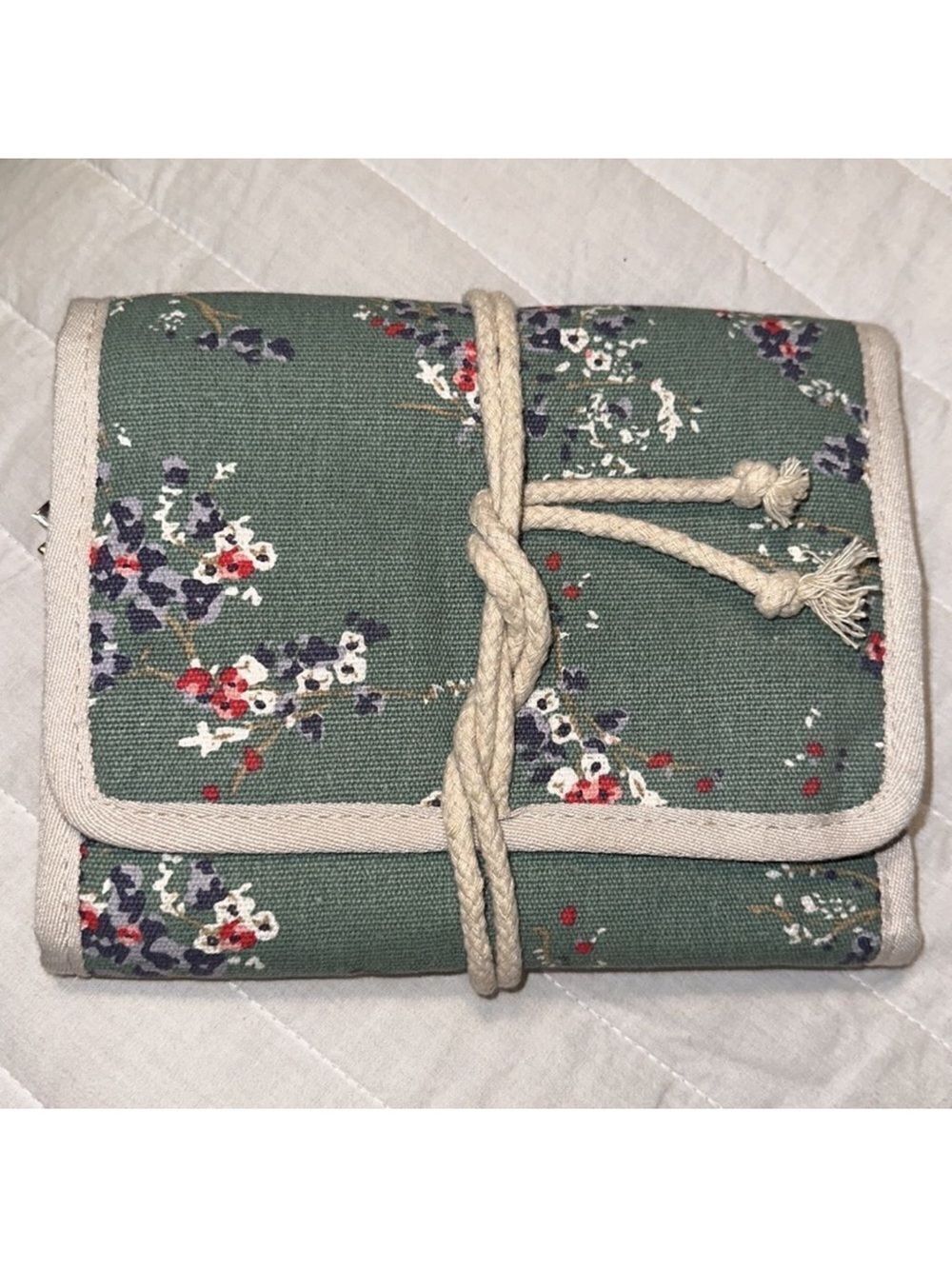 Teal Neutral Trifold Canvas Earthy Make-up Essential & Brush Holder Tie Bag
